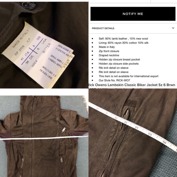 Rick Owens Lambskin Classic Biker Jacket Sz 6 Brwn - Picture 4 of 8